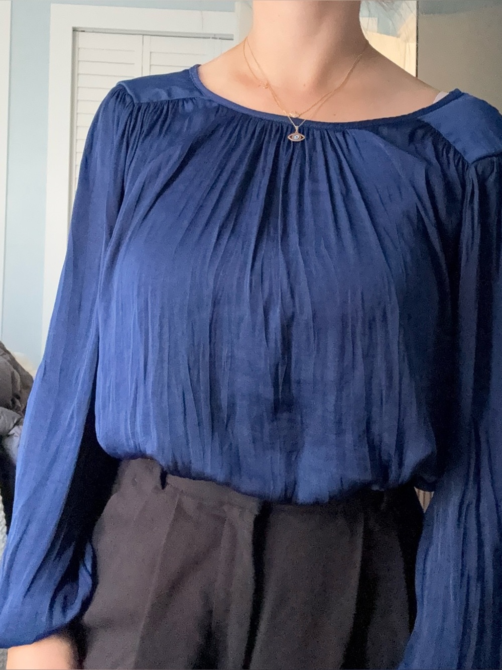 Banana Republic Deep Blue Pleated Long-Sleeve Blouse